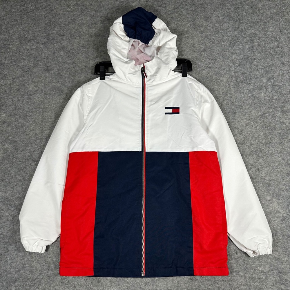 Tommy Hilfiger Boys White Red Blue Colorblock Hooded Windbreaker Jacket L 16/18